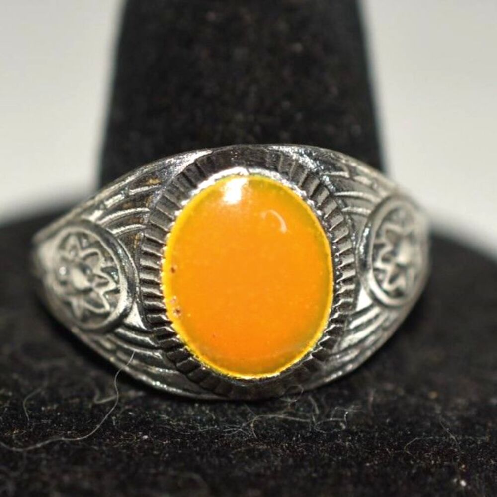 NWOT Oval Orange Flat Stone Etched Floral Silver Tone Sizes 9,10,11 & 12 Rings
